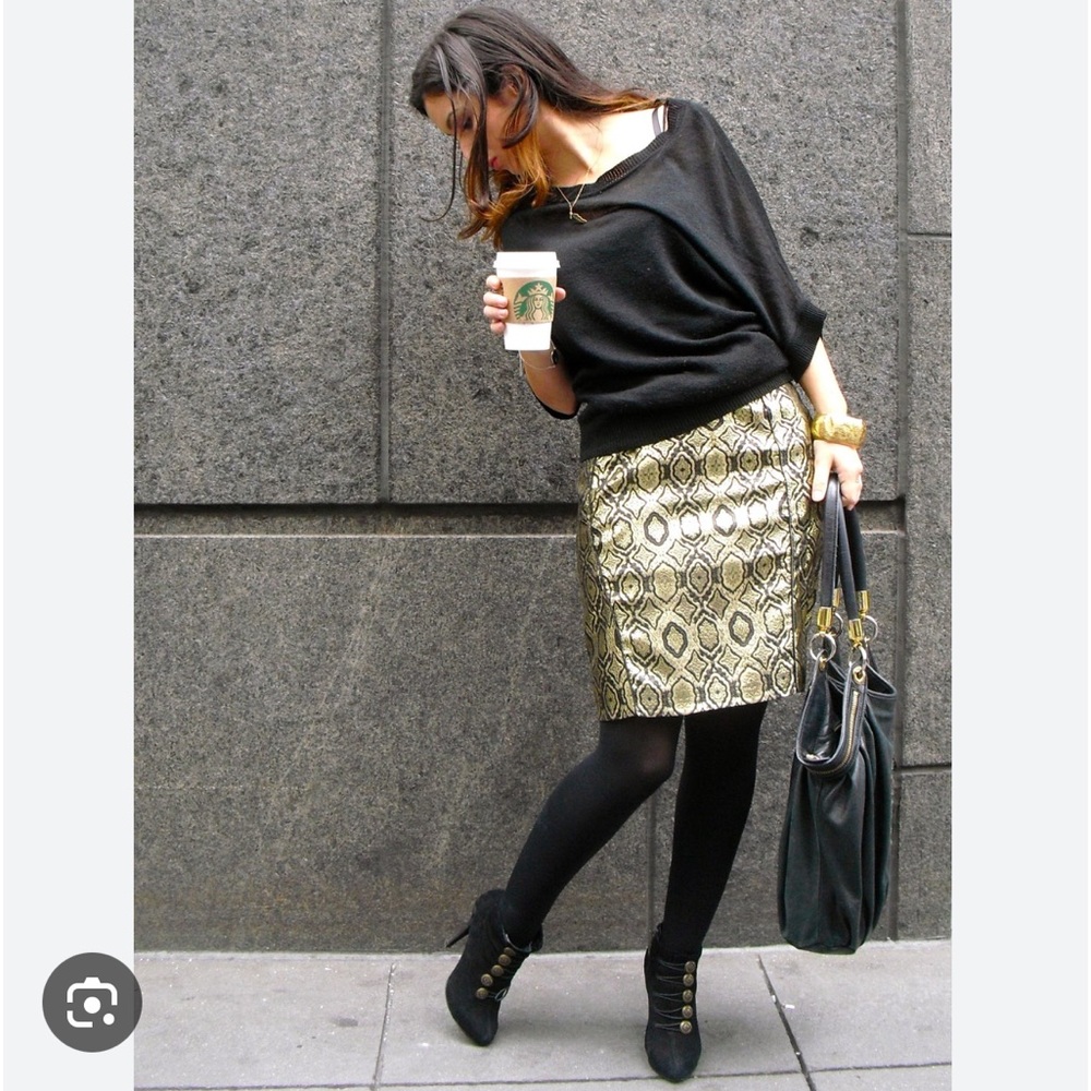 Tibi skirt metallic gold black leopard print brocade pencil lined pockets sexy 2